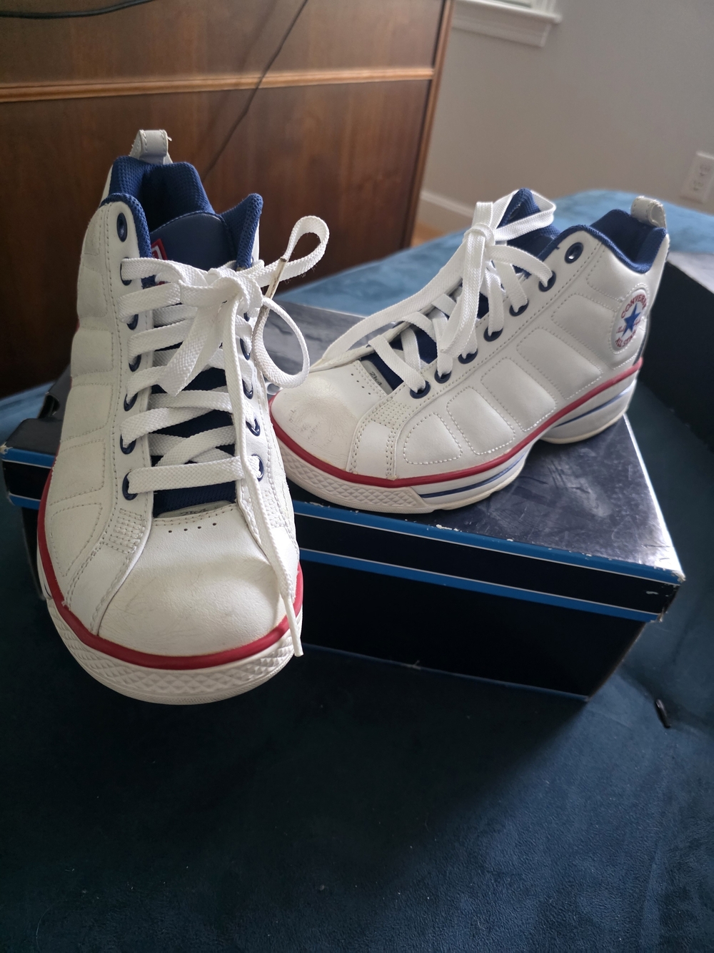 White High-Top Men's Athletic Sneakers with Navy & Red Trim
